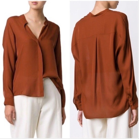 VINCE / SILK DOUBLE FRONT BEIGE BLOUSE - Picture 2 of 6